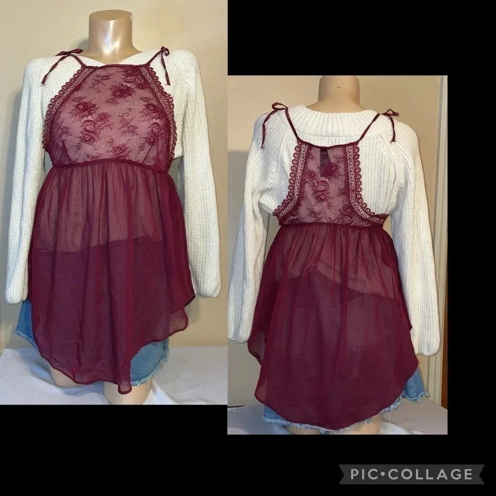 women’s night gown Large nightie top Burgundy lace sheer tie lingerie intimate